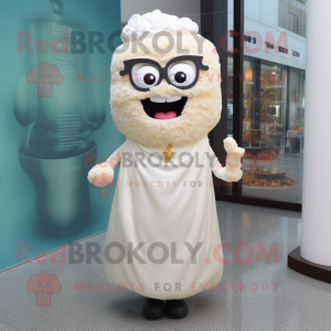 Cream Fried Rice mascot costume character dressed with a Evening Gown and Eyeglasses