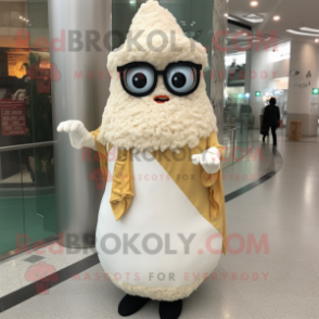 Cream Fried Rice mascot costume character dressed with a Evening Gown and Eyeglasses