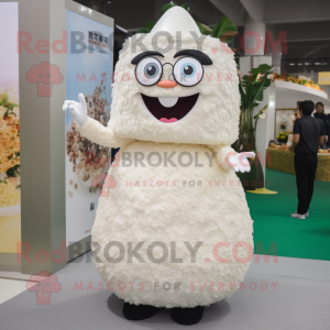 Cream Fried Rice mascot costume character dressed with a Evening Gown and Eyeglasses