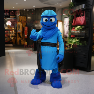 Blue Ninja mascot costume character dressed with a Wrap Skirt and Messenger bags