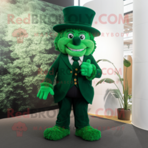Forest Green Leprechaun mascot costume character dressed with a Suit Jacket and Hairpins