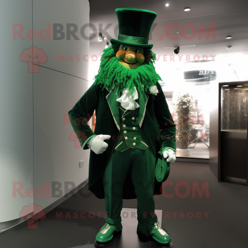 Forest Green Leprechaun mascot costume character dressed with a Suit Jacket and Hairpins