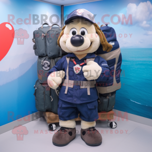 Navy Heart mascot costume character dressed with a Cargo Shorts and Backpacks