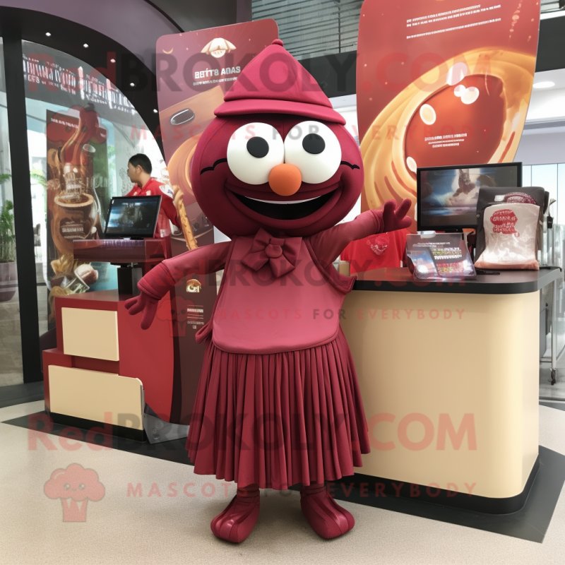 Maroon Spaghetti mascot costume character dressed with a A Line Skirt and Wallets