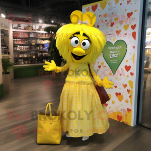 Yellow Heart mascot costume character dressed with a Maxi Skirt and Tote bags