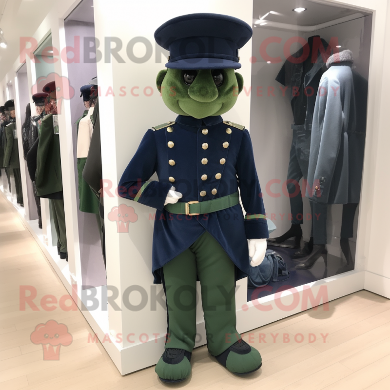 Forest Green Navy Soldier mascot costume character dressed with a Waistcoat and Shoe laces