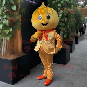 Gold Apricot mascot costume character dressed with a Jeans and Pocket squares