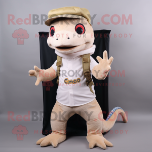 Cream Geckos mascot costume character dressed with a Chinos and Beanies