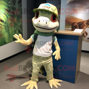 Cream Geckos mascot costume character dressed with a Chinos and Beanies