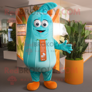 Turquoise Carrot mascot costume character dressed with a Chinos and Shawls