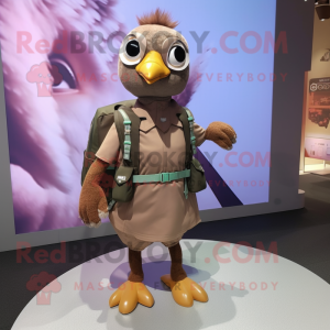 Brown Pigeon mascot costume character dressed with a Mini Dress and Backpacks