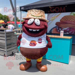 Maroon Pulled Pork Sandwich mascot costume character dressed with a Swimwear and Ties