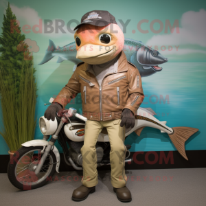 Tan Salmon mascot costume character dressed with a Biker Jacket and Cummerbunds