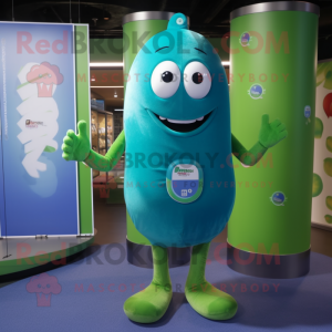 Blue Green Bean mascot costume character dressed with a T-Shirt and Lapel pins