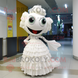White Cod mascot costume character dressed with a Evening Gown and Hair clips