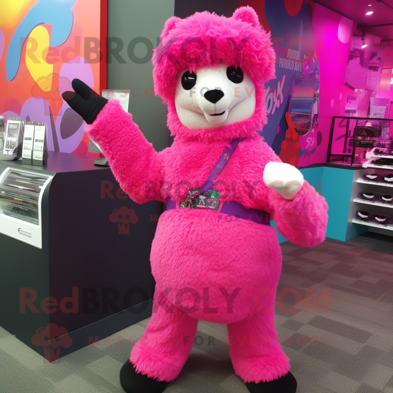 Magenta Alpaca mascot costume character dressed with a Capri Pants and Bracelets