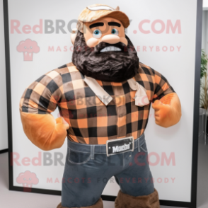 Brown Strongman mascot costume character dressed with a Flannel Shirt and Headbands