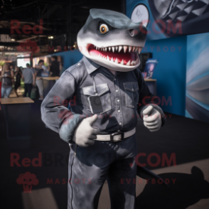 Black Megalodon mascot costume character dressed with a Poplin Shirt and Smartwatches
