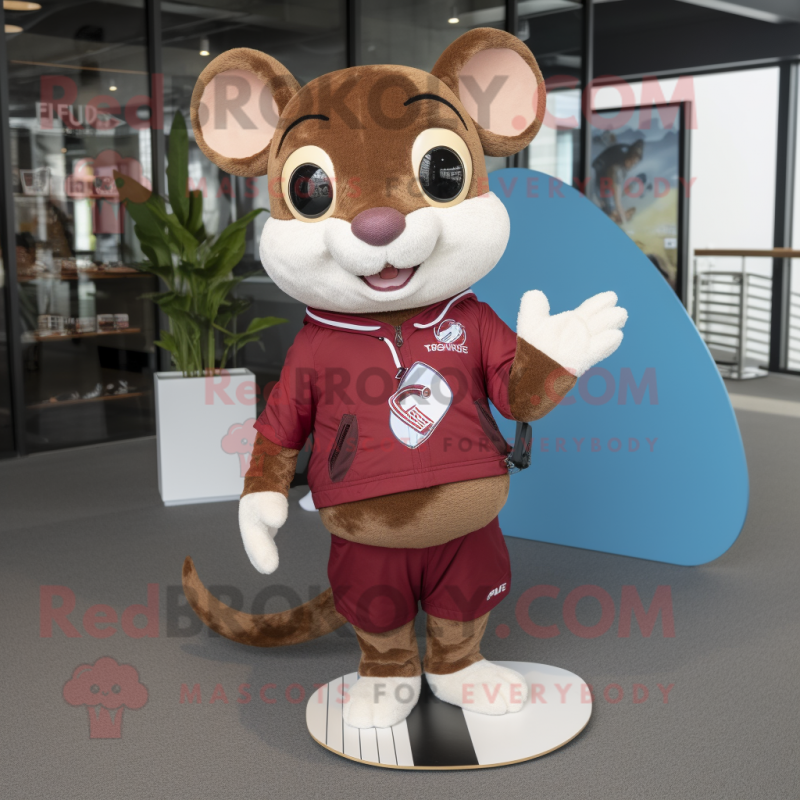 Maroon Dormouse mascot costume character dressed with a Rash Guard and Shoe clips