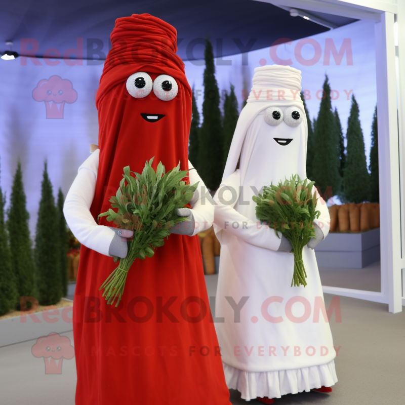 Red Asparagus mascot costume character dressed with a Wedding Dress and Scarf clips