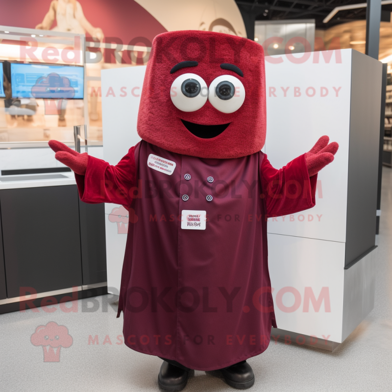 Maroon Lasagna mascot costume character dressed with a Button-Up Shirt and Shawl pins