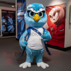 Sky Blue Falcon mascot costume character dressed with a Oxford Shirt and Headbands