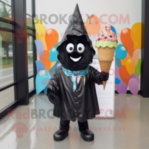 Black Ice Cream Cone mascot costume character dressed with a Raincoat and Bracelets