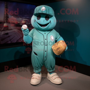 Teal Baseball Glove mascot costume character dressed with a Playsuit and Keychains