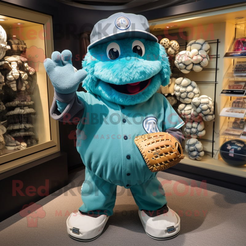 Teal Baseball Glove mascot costume character dressed with a Playsuit and Keychains