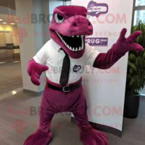 Magenta Velociraptor mascot costume character dressed with a Dress Shirt and Belts