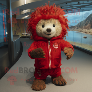 Red Porcupine mascot costume character dressed with a Playsuit and Scarves