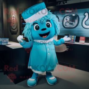 Cyan Ramen mascot costume character dressed with a Culottes and Cufflinks