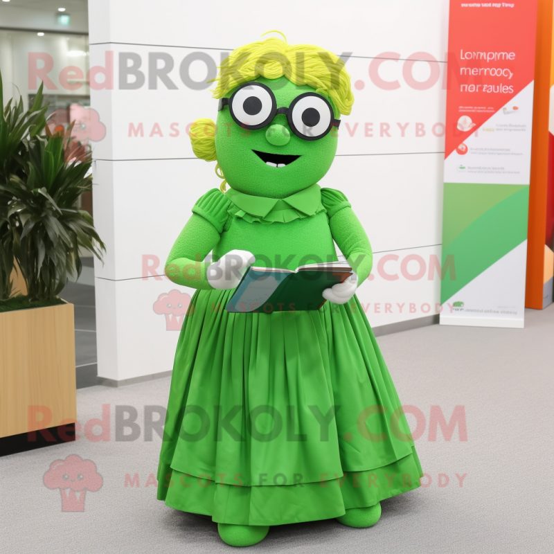Lime Green Irish Flag mascot costume character dressed with a Pleated Skirt and Reading glasses