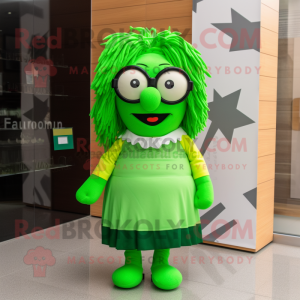 Lime Green Irish Flag mascot costume character dressed with a Pleated Skirt and Reading glasses