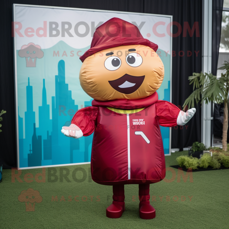 Maroon Hamburger mascot costume character dressed with a Windbreaker and Anklets