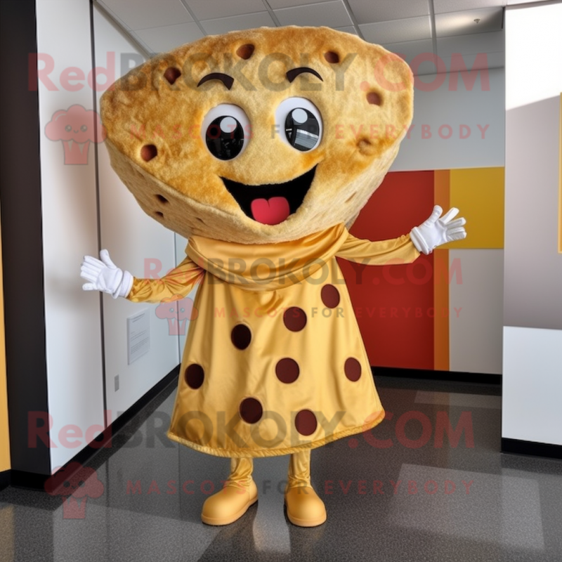 Gold Pizza Slice mascot costume character dressed with a Pencil Skirt and Gloves