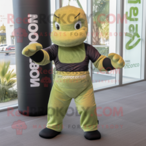 Olive Komodo Dragon mascot costume character dressed with a Yoga Pants and Gloves