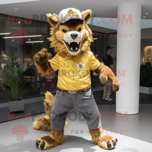 Gold Werewolf mascot costume character dressed with a Jeans and Berets