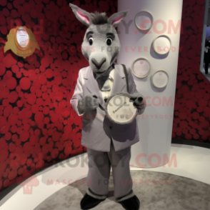 Gray Donkey mascot costume character dressed with a Suit Jacket and Coin purses