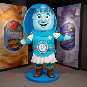Sky Blue Celtic Shield mascot costume character dressed with a Henley Shirt and Scarves