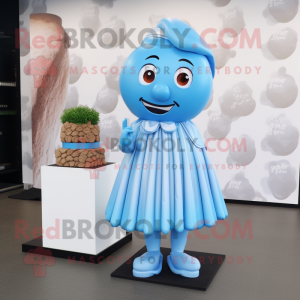 Sky Blue Chocolates mascot costume character dressed with a Skirt and Brooches