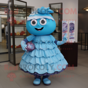 Sky Blue Chocolates mascot costume character dressed with a Skirt and Brooches