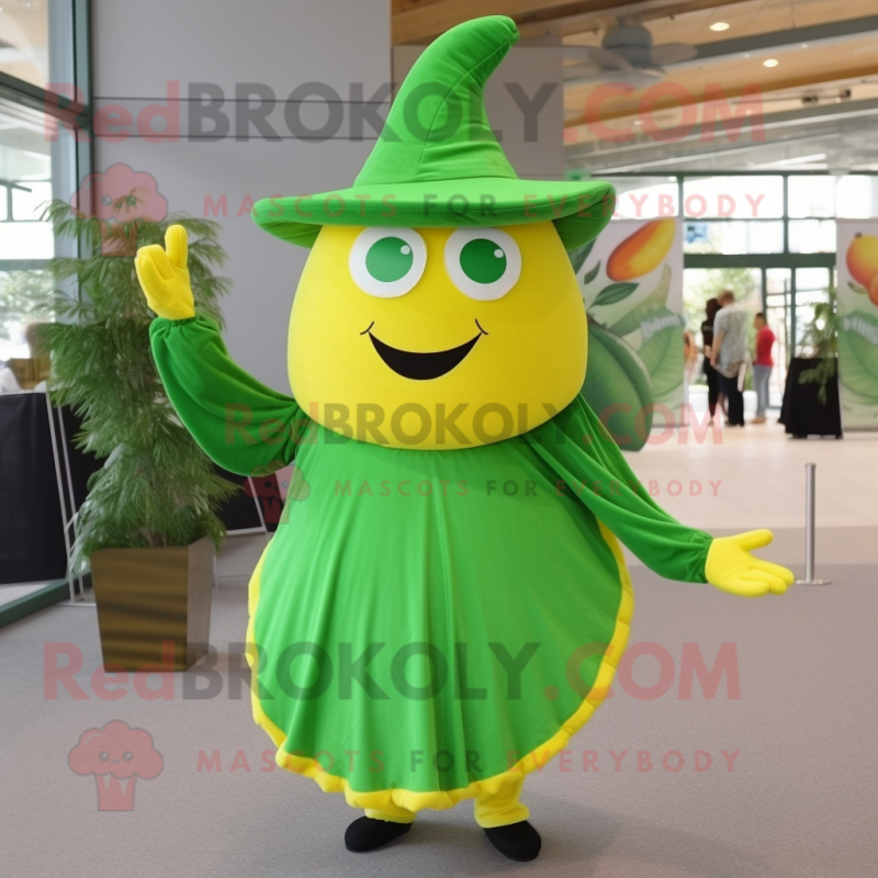 Forest Green Lemon mascot costume character dressed with a Pleated Skirt and Hats