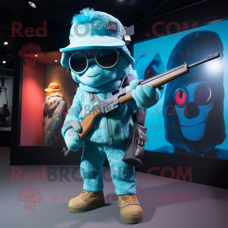 Cyan Sniper mascot costume character dressed with a Playsuit and Beanies