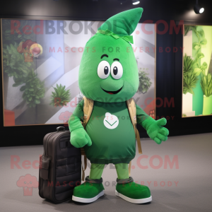 Forest Green Squash mascot costume character dressed with a T-Shirt and Messenger bags