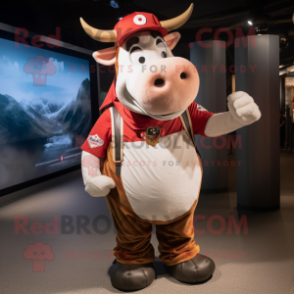 Red Holstein Cow mascot costume character dressed with a Cargo Shorts and Caps