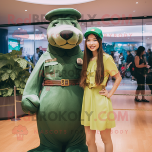 Green Sea Lion mascot costume character dressed with a Mini Skirt and Berets