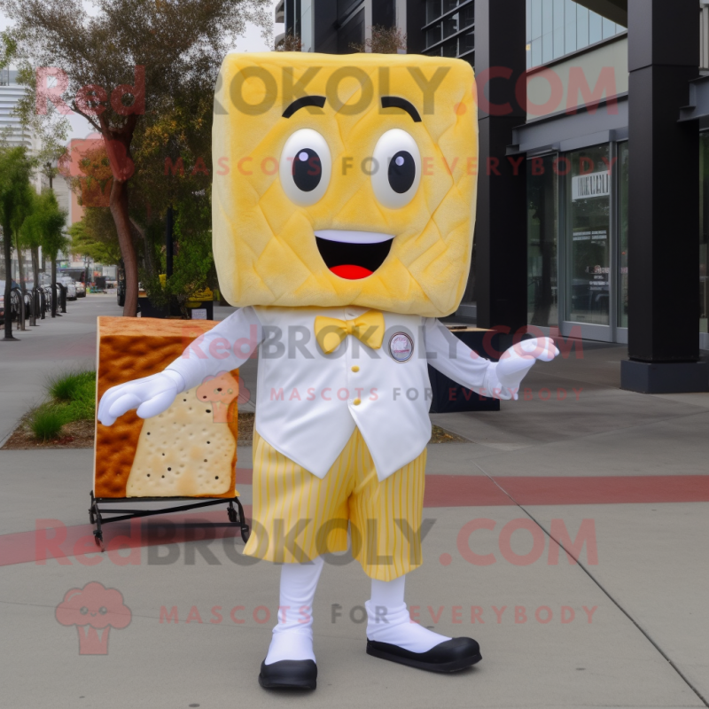White Grilled Cheese Sandwich mascot costume character dressed with a Dress Pants and Pocket squares