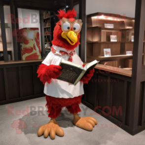 Red Rooster mascot costume character dressed with a Romper and Reading glasses