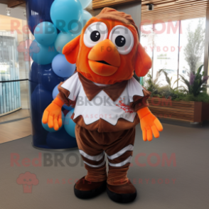 Rust Clown Fish mascot costume character dressed with a Playsuit and Scarves